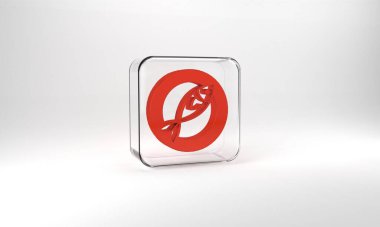 Red Dried fish icon isolated on grey background. Glass square button. 3d illustration 3D render.