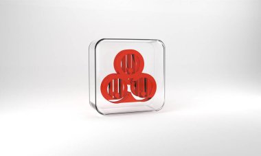 Red Wooden barrel icon isolated on grey background. Alcohol barrel, drink container, wooden keg for beer, whiskey, wine. Glass square button. 3d illustration 3D render.