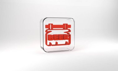Red Street signboard with inscription Beer icon isolated on grey background. Suitable for advertisements bar, cafe, pub, restaurant. Glass square button. 3d illustration 3D render.