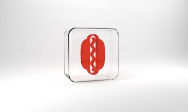 Red Hotdog sandwich with mustard icon isolated on grey background. Sausage icon. Fast food sign. Glass square button. 3d illustration 3D render.
