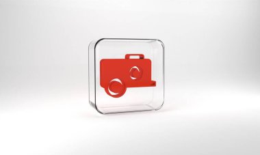 Red Mobile water tank - bowser icon isolated on grey background. Water tank delivering water. Glass square button. 3d illustration 3D render.