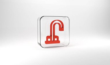 Red Water tap icon isolated on grey background. Glass square button. 3d illustration 3D render.