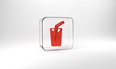 Red Glass with water icon isolated on grey background. Soda glass. Glass square button. 3d illustration 3D render.
