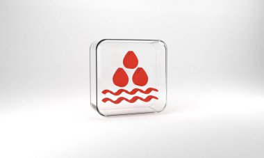 Red Water drop icon isolated on grey background. Glass square button. 3d illustration 3D render.