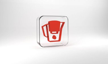 Red Water jug with a filter icon isolated on grey background. Glass square button. 3d illustration 3D render.