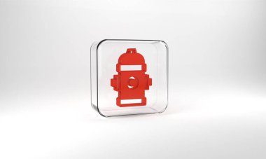 Red Fire hydrant icon isolated on grey background. Glass square button. 3d illustration 3D render.