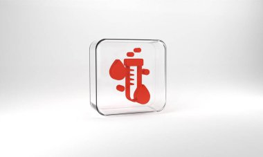 Red Test tube with water drop icon isolated on grey background. Glass square button. 3d illustration 3D render.