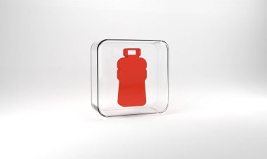 Red Bottle of water icon isolated on grey background. Soda aqua drink sign. Glass square button. 3d illustration 3D render.