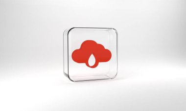 Red Cloud with rain icon isolated on grey background. Rain cloud precipitation with rain drops. Glass square button. 3d illustration 3D render.