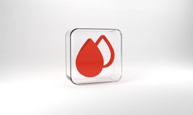 Red Water drop icon isolated on grey background. Glass square button. 3d illustration 3D render.