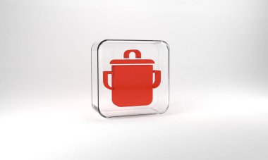 Red Cooking pot icon isolated on grey background. Boil or stew food symbol. Glass square button. 3d illustration 3D render.