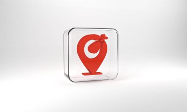 Red Chicken leg icon isolated on grey background. Chicken drumstick. Glass square button. 3d illustration 3D render.
