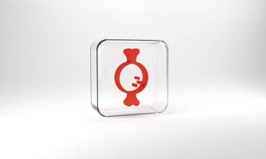 Red Chicken leg icon isolated on grey background. Chicken drumstick. Glass square button. 3d illustration 3D render.