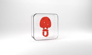 Red Amanita muscaria or fly agaric hallucinogenic toadstool mushroom icon isolated on grey background. Spotted poisonous mushroom. Glass square button. 3d illustration 3D render.