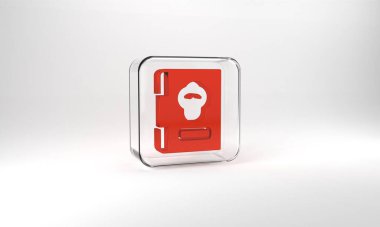 Red Cookbook icon isolated on grey background. Cooking book icon. Recipe book. Fork and knife icons. Cutlery symbol. Glass square button. 3d illustration 3D render.