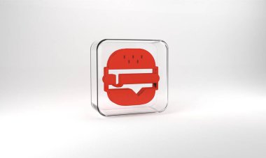 Red Burger icon isolated on grey background. Hamburger icon. Cheeseburger sandwich sign. Fast food menu. Glass square button. 3d illustration 3D render.