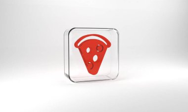 Red Slice of pizza icon isolated on grey background. Fast food menu. Glass square button. 3d illustration 3D render.