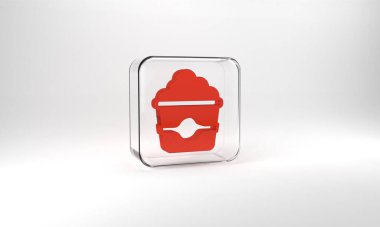 Red Popcorn in cardboard box icon isolated on grey background. Popcorn bucket box. Glass square button. 3d illustration 3D render.