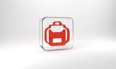 Red Hiking backpack icon isolated on grey background. Camping and mountain exploring backpack. Glass square button. 3d illustration 3D render.