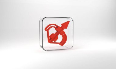 Red Medieval bow and arrow icon isolated on grey background. Medieval weapon. Glass square button. 3d illustration 3D render.