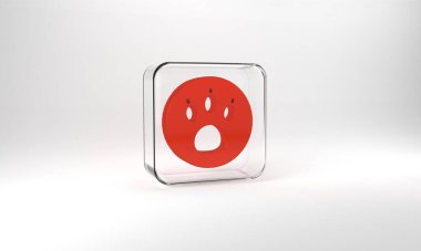 Red Paw search icon isolated on grey background. Magnifying glass with animal footprints. Glass square button. 3d illustration 3D render.