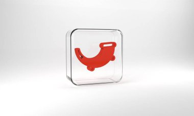 Red Hunting horn icon isolated on grey background. Glass square button. 3d illustration 3D render.