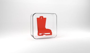 Red Waterproof rubber boot icon isolated on grey background. Gumboots for rainy weather, fishing, gardening. Glass square button. 3d illustration 3D render.