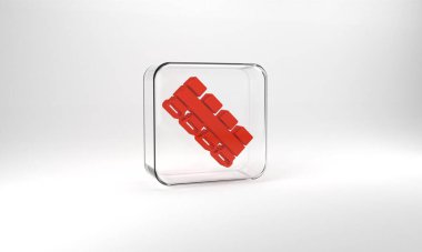 Red Hunting cartridge belt with cartridges icon isolated on grey background. Bandolier sign. Hunter equipment, armament. Glass square button. 3d illustration 3D render.