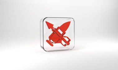 Red Crossed bullet with arrow icon isolated on grey background. Glass square button. 3d illustration 3D render.