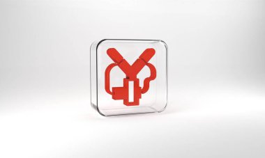 Red Slingshot icon isolated on grey background. Glass square button. 3d illustration 3D render.