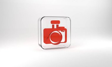 Red Photo camera icon isolated on grey background. Foto camera. Digital photography. Glass square button. 3d illustration 3D render.