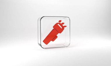 Red Flashlight icon isolated on grey background. Glass square button. 3d illustration 3D render.