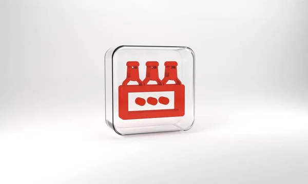 Red Pack Beer Bottles Icon Isolated Grey Background Wooden Box — Stockfoto