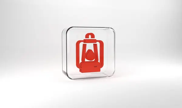Red Camping Lantern Icon Isolated Grey Background Glass Square Button — Stockfoto