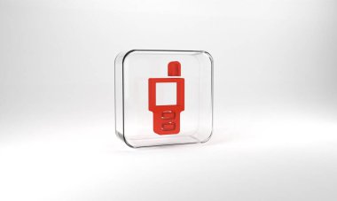 Red Walkie talkie icon isolated on grey background. Portable radio transmitter icon. Radio transceiver sign. Glass square button. 3d illustration 3D render.