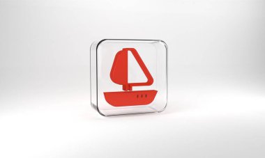 Red Yacht sailboat or sailing ship icon isolated on grey background. Sail boat marine cruise travel. Glass square button. 3d illustration 3D render.