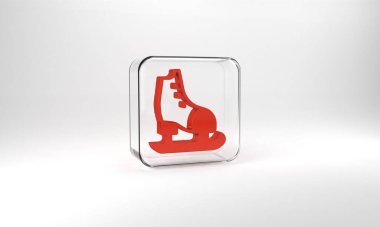 Red Skates icon isolated on grey background. Ice skate shoes icon. Sport boots with blades. Glass square button. 3d illustration 3D render.