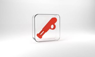 Red Baseball bat with ball icon isolated on grey background. Glass square button. 3d illustration 3D render.