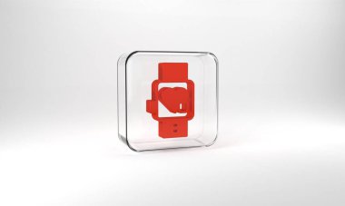 Red Smart watch showing heart beat rate icon isolated on grey background. Fitness App concept. Glass square button. 3d illustration 3D render.