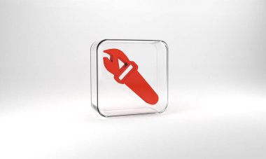 Red Torch flame icon isolated on grey background. Symbol fire hot, flame power, flaming and heat. Glass square button. 3d illustration 3D render.