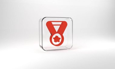 Red Medal icon isolated on grey background. Winner symbol. Glass square button. 3d illustration 3D render.