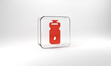 Red Fitness shaker icon isolated on grey background. Sports shaker bottle with lid for water and protein cocktails. Glass square button. 3d illustration 3D render.