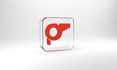 Red Whistle icon isolated on grey background. Referee symbol. Fitness and sport sign. Glass square button. 3d illustration 3D render.