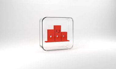 Red Award over sports winner podium icon isolated on grey background. Glass square button. 3d illustration 3D render.