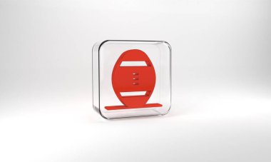 Red American Football ball icon isolated on grey background. Rugby ball icon. Team sport game symbol. Glass square button. 3d illustration 3D render.