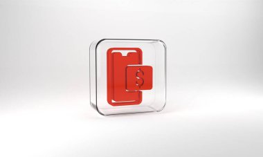 Red Mobile phone and shopping cart icon isolated on grey background. Online buying symbol. Supermarket basket symbol. Glass square button. 3d illustration 3D render.