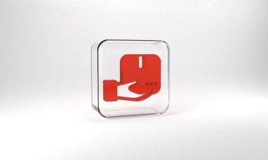 Red Delivery hand with cardboard boxes icon isolated on grey background. Door to door delivery by courier. Glass square button. 3d illustration 3D render.