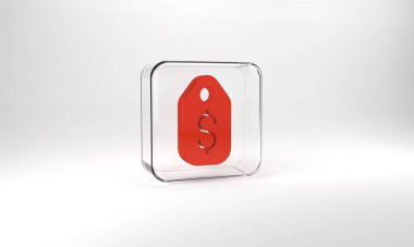 Red Price tag with dollar icon isolated on grey background. Badge for price. Sale with dollar symbol. Promo tag discount. Glass square button. 3d illustration 3D render.