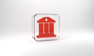 Red Bank building icon isolated on grey background. Glass square button. 3d illustration 3D render.