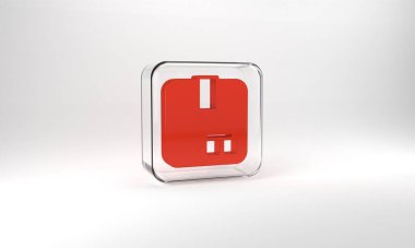 Red Carton cardboard box icon isolated on grey background. Box, package, parcel sign. Delivery and packaging. Glass square button. 3d illustration 3D render.